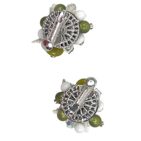 Vendome Vintage Beaded Clip-On Earrings With Green & White Beads Rhinestones & S - Picture 3 of 8